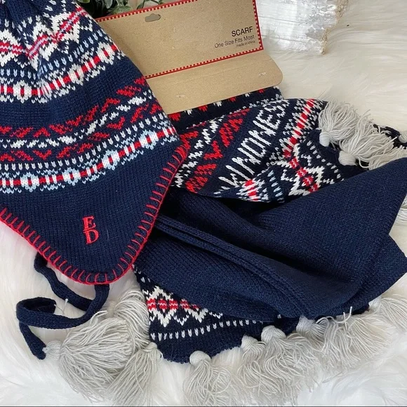 SCARF SET NEW 🌟 KINDNESS SCARF AND HAT SET ELLEN red blue white Woven knit 2pc - Picture 1 of 10